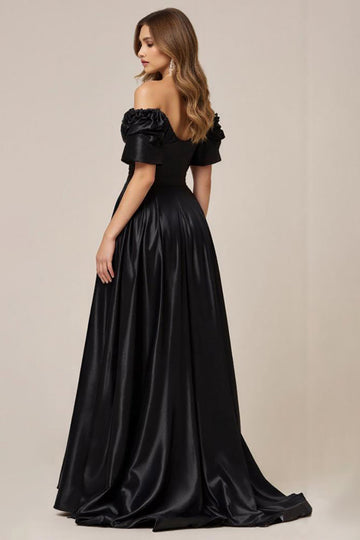Sort satin Off the Shoulder A Line Gallakjole med Slids